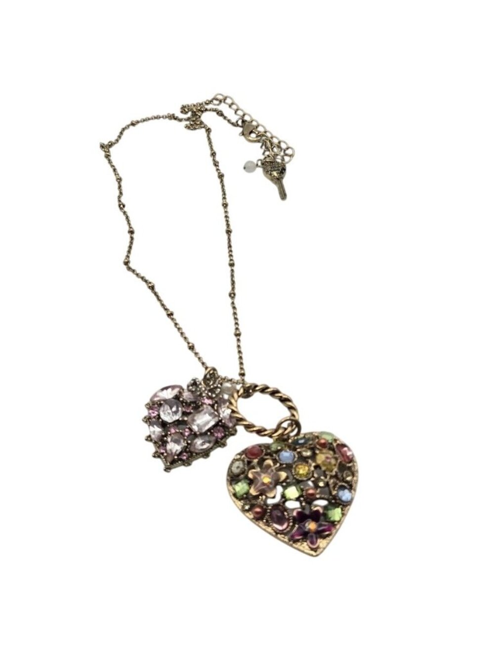Betsey Johnson Gold Tone Double Heart Pendant Necklace Colorful Rhinestones Flor